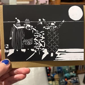 Pack of 5 After the Swim Wild women. recycled cards. Linocut of winter sea swimmers. For all brave women in Woolly bobble hats! Dry robe image 3