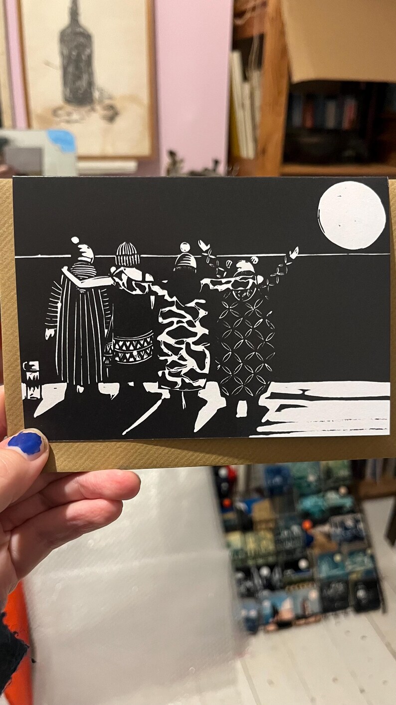 Pack of 5 After the Swim Wild women. recycled cards. Linocut of winter sea swimmers. For all brave women in Woolly bobble hats! Dry robe image 3