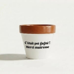 Peut inclure: Un petit pot de fleurs en céramique blanche avec un bord marron. Le pot porte le texte noir "C'était pot gagné! Merci maîtresse."