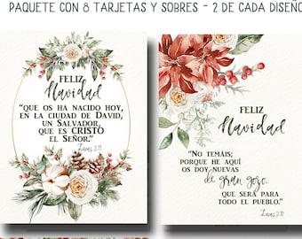 Paquete de 8 tarjetas de Navidad- Set of 8 Christmas cards in Spanish- watercolor, cotton, Bible verses.