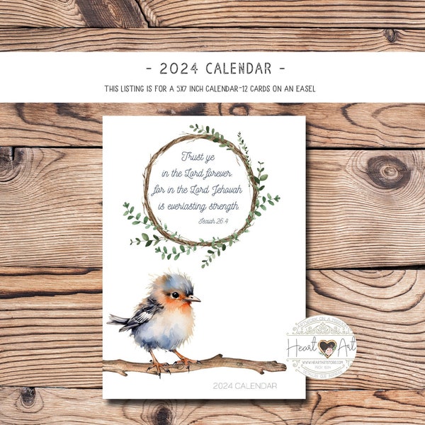 2024 Calendar - 5x7 inch cards with easel- Watercolor birds and KJV Scriptures focusing on God's Strength in our lives- Encouraging gift