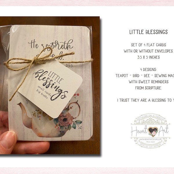 Little Blessings Cards- set of 4 - Watercolor Bee, Bird, Teapot & Sewing Machine- with sweet, encouraging Scriptures.