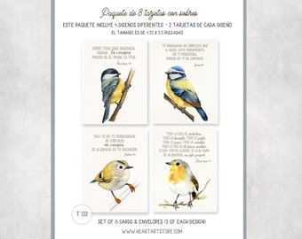 Spanish- 8 cards and envelopes - Encouraging and Inspiring - Bible verses-watercolor birds -