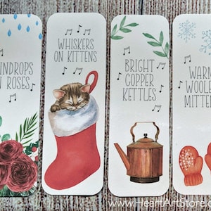 Boomark set- Featuring &quot;Raindrops on Roses&quot; from the Sound of Music- Watercolor design - Perfect for a Secret sister or stocking stuffer.
