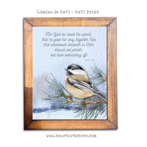 Chickadee- For God so loved.- 8 x10 Print ready to be framed- Watercolor chickadee - John 3:16