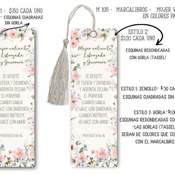 Spanish bookmark- Prov. 31- Mujer virtuosa- Watercolor flowers with Bible verse - With or without tassel - M105