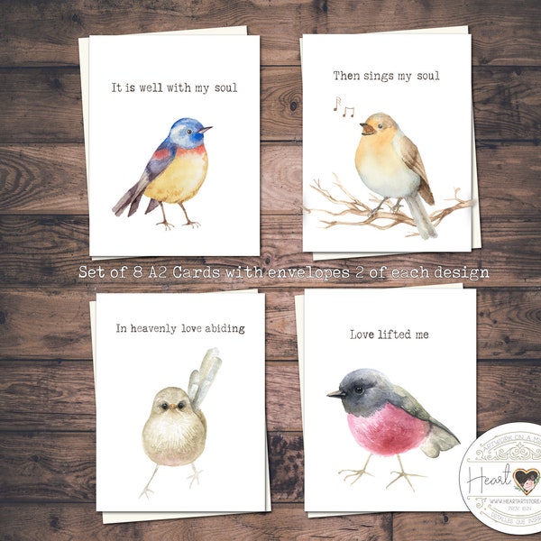 Beautiful Birds. Set of 8 cards with watercolor art and encouraging statements from hymns.