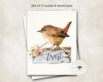 8 cards and envelopes - Watercolor wren and the word Trust-