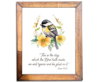 8 x10 Print ready to be framed- Watercolor bird with yellow flowers - Psalm 118:24- This is the day that the Lord hath made-