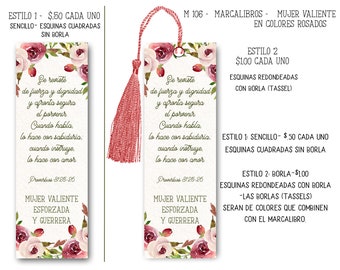 Spanish bookmark- Prov. 31- Mujer virtuosa- Watercolor roses with Bible verse - With or without tassel - Flores rosadas-  M106