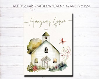 Amazing Grace -8 cards and envelopes - Watercolor Church- Encouraging and inspiring-