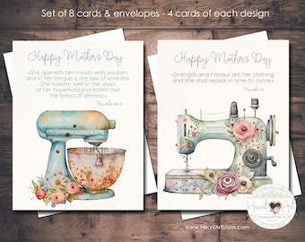 Set of 8 Mother's Day card- Watercolor flowers, kitchen aid, sewing machine, Proverbs 31 KJV