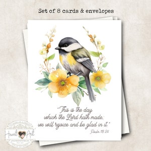 May include: Set of 8 cards and envelopes featuring a watercolor illustration of a bird perched on yellow flowers and greenery. The card includes the text "This is the day which the Lord hath made; we will rejoice and be glad in it." Psalm 118:24.