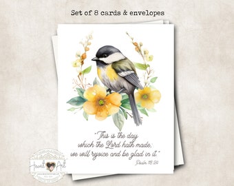 8 cards and envelopes - Bible verse - Encouraging and inspiring- "This is the day the Lord has made"- Watercolor Bird - KJV