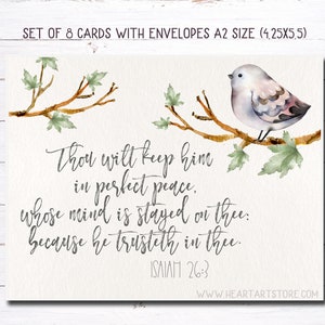 May include: Set of 8 A2 size cards with envelopes. The cards feature a watercolor illustration of a bird perched on a branch with leaves. The text reads "Thou will keep him in perfect peace..." from Isaiah 26:3.