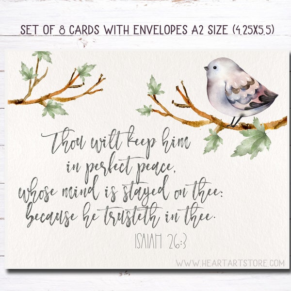 8 cards and envelopes - Watercolor verse from the Bible - Encouraging and inspiring- Thou wilt keep him in perfect peace- card with bird