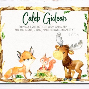 Personalized artwork with adorable woodland animals and Bible verse - Baby shower, nursery, boho