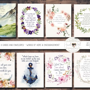 May include: Set of eight A2 cards and envelopes with inspirational quotes. Each card features watercolor art and text, including mountain and floral designs. The cards are designed with the words of hope and encouragement.