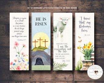 May include: Set of four watercolor bookmarks with Easter verses. Designs include floral arrangements, a lamb, and crosses with the phrases "He is Risen" and Bible verses. The text "Heart Art" is also visible.