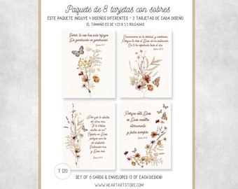 Spanish- 8 cards and envelopes - Encouraging and Inspiring - Bible verses-watercolor wild flowers -