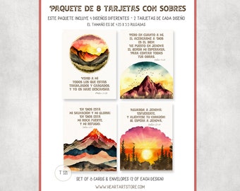 Spanish- 8 cards and envelopes - Encouraging and Inspiring - Bible verses-watercolor mountains -