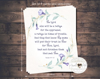 8 cards and envelopes - Encouraging and Inspiring - Beautiful verse from Psalms 9:9-10 -KJV - Watercolor lavender flowers.