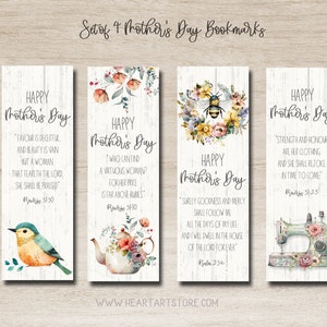 May include: Set of four Mother's Day bookmarks with watercolor designs. Each bookmark features the text "Happy Mother's Day" and a Bible verse, along with floral and nature-themed illustrations, including a bird, teapot, bee, and sewing machine.