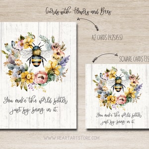May include: Two cards with watercolor illustrations of bees and flowers. The cards feature a bee surrounded by a floral wreath in shades of yellow, pink, and purple. Text on the cards reads "You make the world better just by being in it."