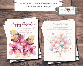 8 cards and envelopes - Happy Birthday Cards -Encouraging and Inspiring - Bible verses-Psalm 37:4 & 5 KJV- Watercolor butterflies, flowers