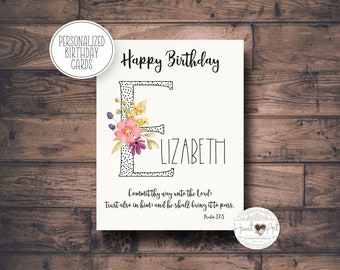 Personalized Card with envelope - Watercolor initial and flowers with a Bible verse from the KJV- Birthday and encouraging cards.