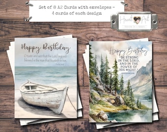 8 cards and envelopes - Happy Birthday Cards - Bible verses-Psalm 34.8, Ephesians 6:10- KJV- Watercolor mountain and ocean scenery.