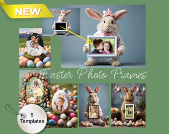 6 cute digital Easter photo templates, digital backgrounds, mockups, Easter motifs with Easter bunnies and Easter eggs, picture frames