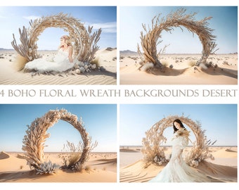 4 beautiful digital backgrounds standing flowers arch in the desert, boho style, flowers decor, Maternity, wedding, portrait, fashion, mural