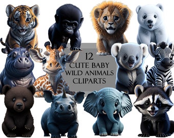 12 super cute baby wild animals cliparts /overlays, elephant, lion, tiger, gorilla, giraffe, bear, polar bear, zebra, koala, rhino, hippo