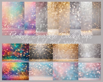 16 digital backgrounds bokeh glitter in silver, gold, pink, pastel and rainbow, texture for fashion or maternity photography and more!