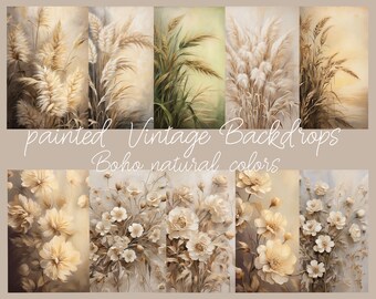 10 painted vintage digital backgrounds in natural colors, boho look, pampas grass, floral decor, ears of corn, finart photography