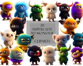 20 super cute and fluffy 3D monster cliparts, overlays, ideal for scrapbooking, images, cards, invitations, social media, Instagram