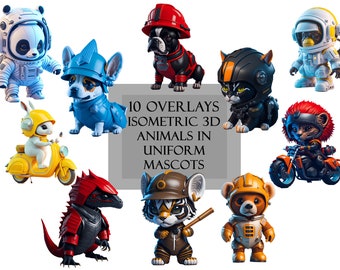 10 mascots animals cliparts / overlays, animals in uniform, sport, fire brigade, police, astronauts, for bikers, motorcycles, Vespa, samurai