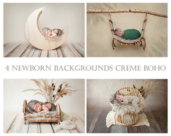 4 digital backgrounds for newborn babies in cream boho style, wooden moon and swing, rattan bed and chair