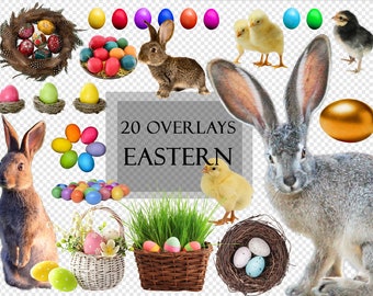 20 Easter Overlays, Easter Eggs, Easter Basket, Easter Bunny, Easter Chick, Transparent Background, Scrapbooking, PNG, Instagram Sticker