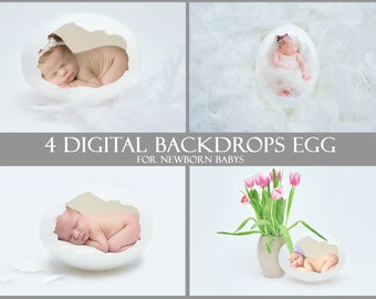 4 Newborn Baby Digital Backgrounds White Egg, Eggshell, Newbornphotography, Babyphotography, Easter, Spring, Feathers, tulip, wall art