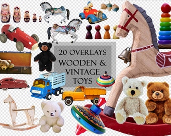 20 super cute overlays old vintage toys, wooden toys, rocking horse, cars, matryoshka dolls, spinning tops, teddy bears, carousel horses