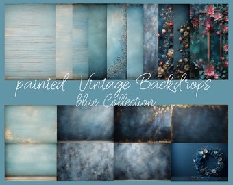 20 digital vintage backgrounds in blue tones, light blue, dark blue, some with flowers, shabby look, textures, image editing