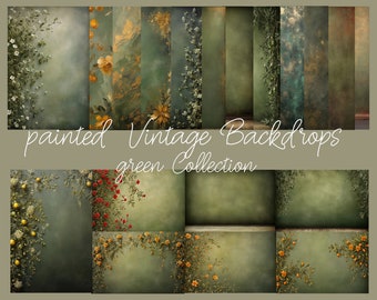 20 digital vintage backgrounds in green tones, olive green, some with flowers, painted in oil look for photo and image editing