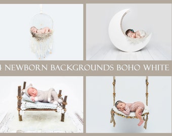 four digital backgrounds for newborn babies in simple white boho style, dreamcatcher, rustic swing and bed, moon made of wood, wall art,