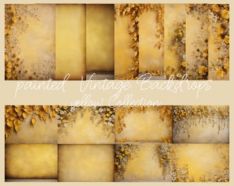 16 digital backgrounds in a vintage look in yellow tones, some with flowers and leaves tendrils, image and photo editing