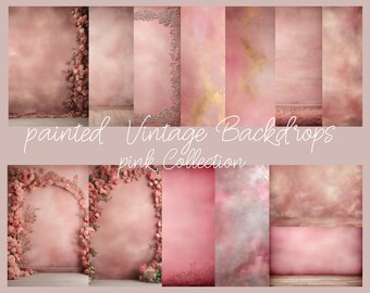 13 digital vintage backgrounds in pink and rose gold color nuances, some with floral arches, textures, image editing, old master