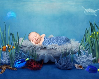 digital background underwater world for newborn baby, photography, sea, ocean, nemo, dory, shell, backdrop, tropical fish, wallart, mermaid