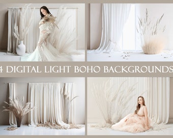 4 digital backgrounds in a light boho style, Fine art photo studio rooms, fabrics and pampas grass, Maternity photography, wedding, portrait