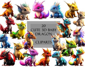 20 super cute 3D dragon cliparts, overlays, scrapbooking, also great for Instagram, social media, cards, flyer, different colors, PNG files